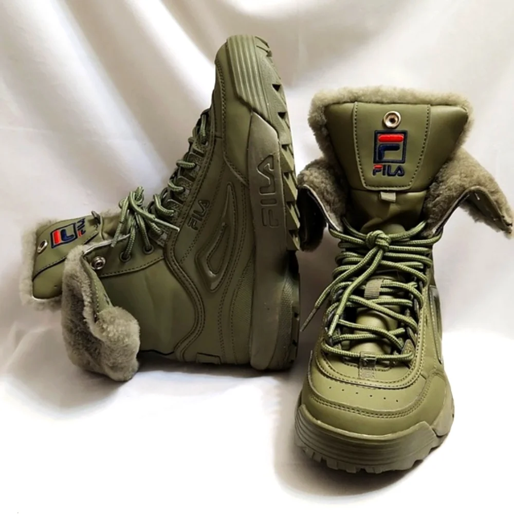 Fila Disruptor Shearling Olive Green Lace-up Winter Boots (w size 8)